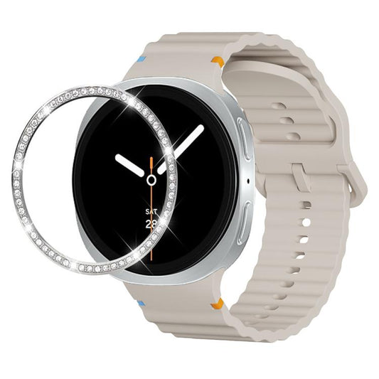 For Samsung Galaxy Watch8 40mm Diamond Bezel and Wavy Grain Stitched Color Buckle Silicone Watch Band(Starlight Silver) - Watch Bands by buy2fix | Online Shopping UK | buy2fix
