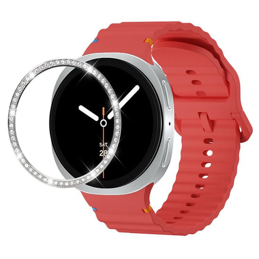 For Samsung Galaxy Watch8 40mm Diamond Bezel and Wavy Grain Stitched Color Buckle Silicone Watch Band(Red Silver) - Watch Bands by buy2fix | Online Shopping UK | buy2fix