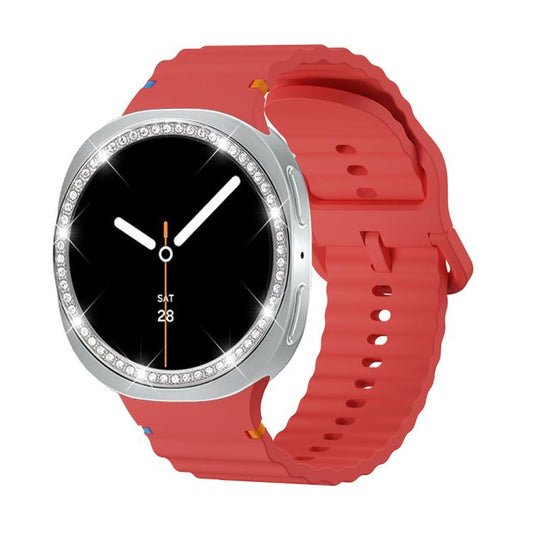 For Samsung Galaxy Watch8 40mm Diamond Bezel and Wavy Grain Stitched Color Buckle Silicone Watch Band(Red Silver) - Watch Bands by buy2fix | Online Shopping UK | buy2fix