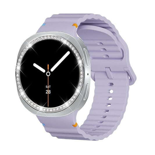 For Samsung Galaxy Watch8 40mm Diamond Bezel and Wavy Grain Stitched Color Buckle Silicone Watch Band(Purple Silver) - Watch Bands by buy2fix | Online Shopping UK | buy2fix