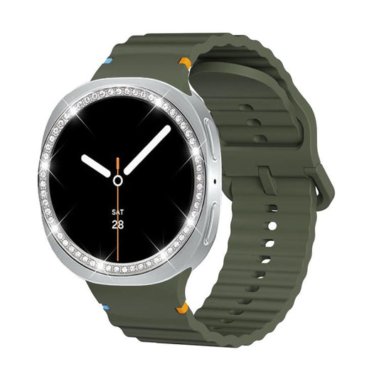 For Samsung Galaxy Watch8 40mm Diamond Bezel and Wavy Grain Stitched Color Buckle Silicone Watch Band(Army Green Silver) - Watch Bands by buy2fix | Online Shopping UK | buy2fix