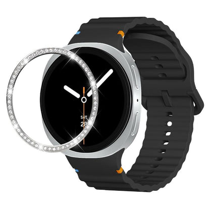 For Samsung Galaxy Watch8 40mm Diamond Bezel and Wavy Grain Stitched Color Buckle Silicone Watch Band(Black Silver) - Watch Bands by buy2fix | Online Shopping UK | buy2fix