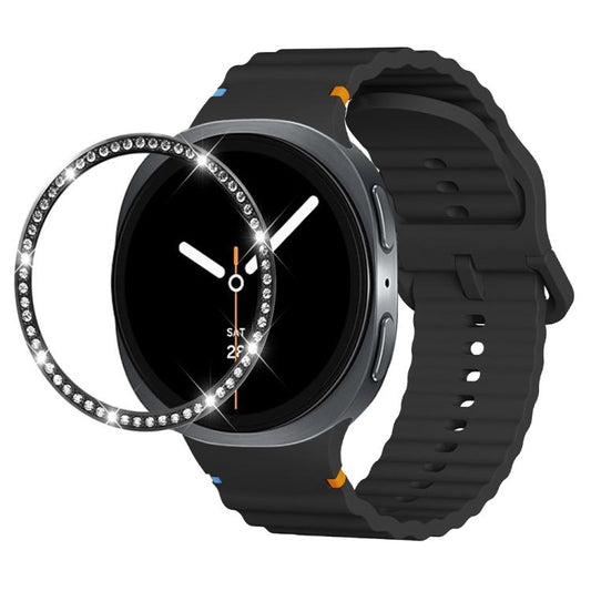 For Samsung Galaxy Watch8 40mm Diamond Bezel and Wavy Grain Stitched Color Buckle Silicone Watch Band(Black Black) - Watch Bands by buy2fix | Online Shopping UK | buy2fix