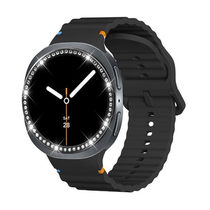 For Samsung Galaxy Watch8 40mm Diamond Bezel and Wavy Grain Stitched Color Buckle Silicone Watch Band(Black Black) - Watch Bands by buy2fix | Online Shopping UK | buy2fix