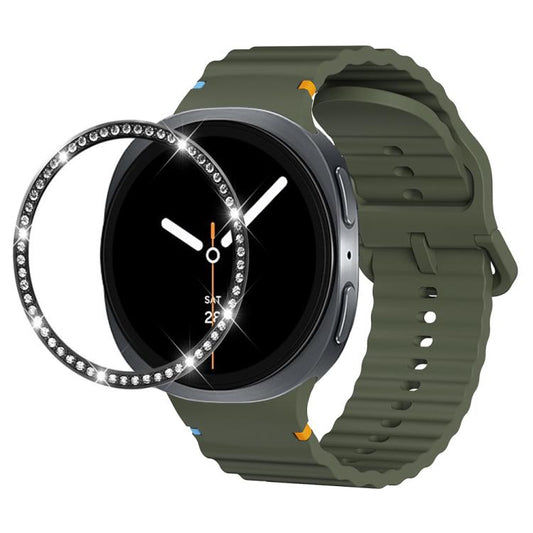For Samsung Galaxy Watch8 40mm Diamond Bezel and Wavy Grain Stitched Color Buckle Silicone Watch Band(Army Green Black) - Watch Bands by buy2fix | Online Shopping UK | buy2fix
