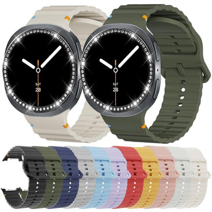 For Samsung Galaxy Watch8 40mm Diamond Bezel and Wavy Grain Stitched Color Buckle Silicone Watch Band(Black Silver) - Watch Bands by buy2fix | Online Shopping UK | buy2fix