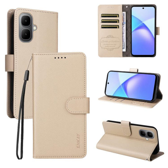 For Tecno Pop 10 / Spark go 2 ENKAY RFID Blocking Wallet Kickstand Litchi Texture Leather Phone Case(Beige)