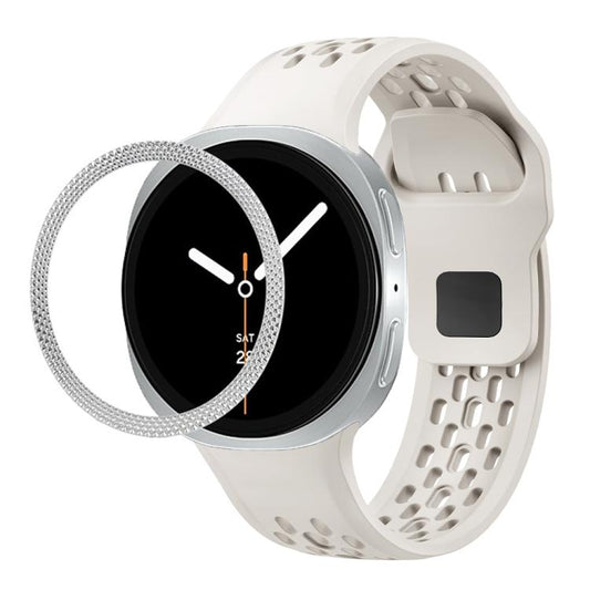 For Samsung Galaxy Watch8 44mm Rhombic Texture Bezel and Black Reverse Buckle Silicone Watch Band(Beige Silver) - Watch Bands by buy2fix | Online Shopping UK | buy2fix