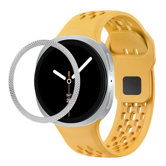For Samsung Galaxy Watch8 44mm Rhombic Texture Bezel and Black Reverse Buckle Silicone Watch Band(Yellow Silver) - Watch Bands by buy2fix | Online Shopping UK | buy2fix