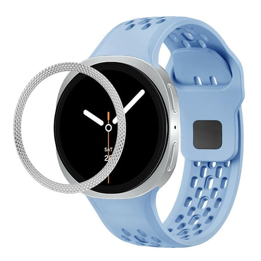 For Samsung Galaxy Watch8 44mm Rhombic Texture Bezel and Black Reverse Buckle Silicone Watch Band(Light Blue Silver) - Watch Bands by buy2fix | Online Shopping UK | buy2fix