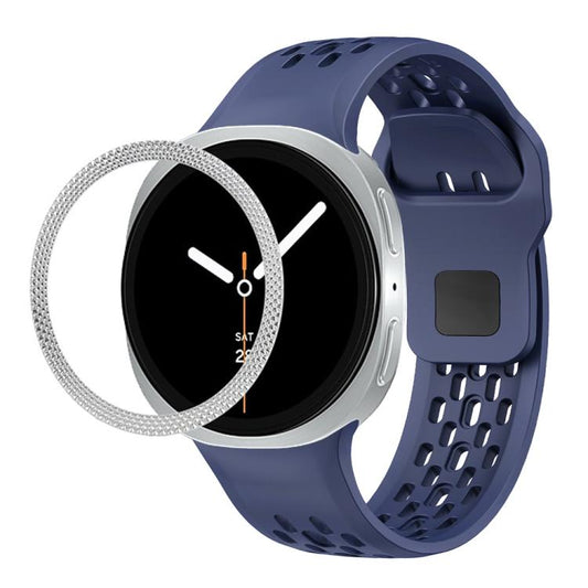 For Samsung Galaxy Watch8 44mm Rhombic Texture Bezel and Black Reverse Buckle Silicone Watch Band(Midnight Blue Silver) - Watch Bands by buy2fix | Online Shopping UK | buy2fix