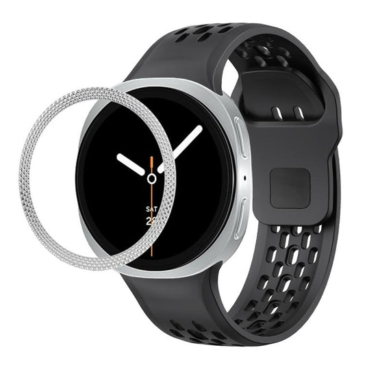For Samsung Galaxy Watch8 44mm Rhombic Texture Bezel and Black Reverse Buckle Silicone Watch Band(Black Silver) - Watch Bands by buy2fix | Online Shopping UK | buy2fix