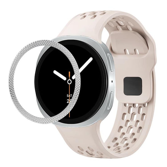 For Samsung Galaxy Watch8 40mm Rhombic Texture Bezel and Black Reverse Buckle Silicone Watch Band(Starlight Silver) - Watch Bands by buy2fix | Online Shopping UK | buy2fix