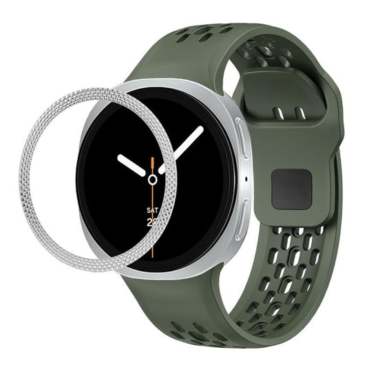 For Samsung Galaxy Watch8 40mm Rhombic Texture Bezel and Black Reverse Buckle Silicone Watch Band(Army Green Silver) - Watch Bands by buy2fix | Online Shopping UK | buy2fix