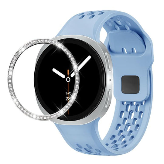 For Galaxy Watch9 / 8 44mm Diamond Bezel and Black Reverse Buckle Silicone Watch Band(Light Blue Silver)