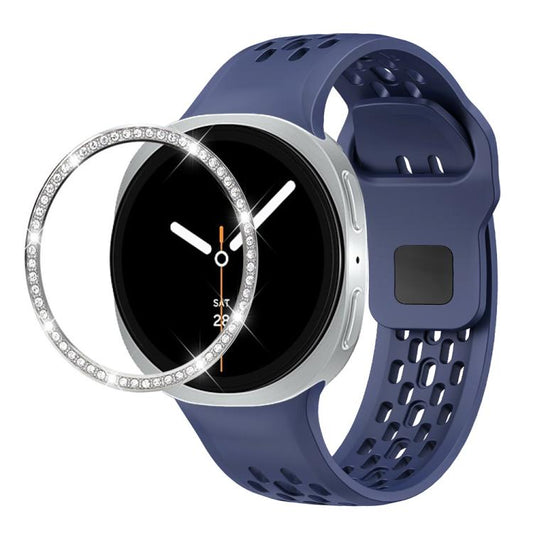 For Samsung Galaxy Watch8 44mm Diamond Bezel and Black Reverse Buckle Silicone Watch Band(Midnight Blue Silver) - Watch Bands by buy2fix | Online Shopping UK | buy2fix