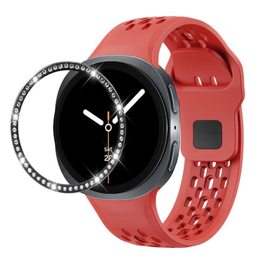 For Samsung Galaxy Watch8 44mm Diamond Bezel and Black Reverse Buckle Silicone Watch Band(Red Black) - Watch Bands by buy2fix | Online Shopping UK | buy2fix
