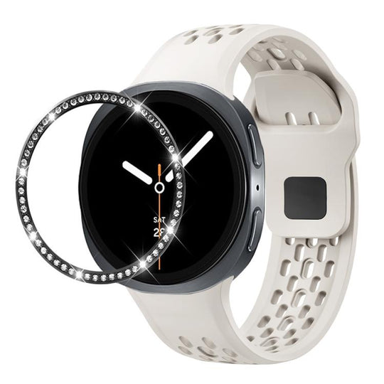For Galaxy Watch9 / 8 44mm Diamond Bezel and Black Reverse Buckle Silicone Watch Band(Beige Black)