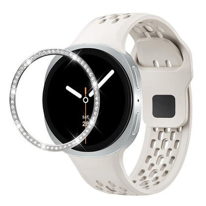 For Samsung Galaxy Watch8 40mm Diamond Bezel and Black Reverse Buckle Silicone Watch Band(Beige Silver) - Watch Bands by buy2fix | Online Shopping UK | buy2fix
