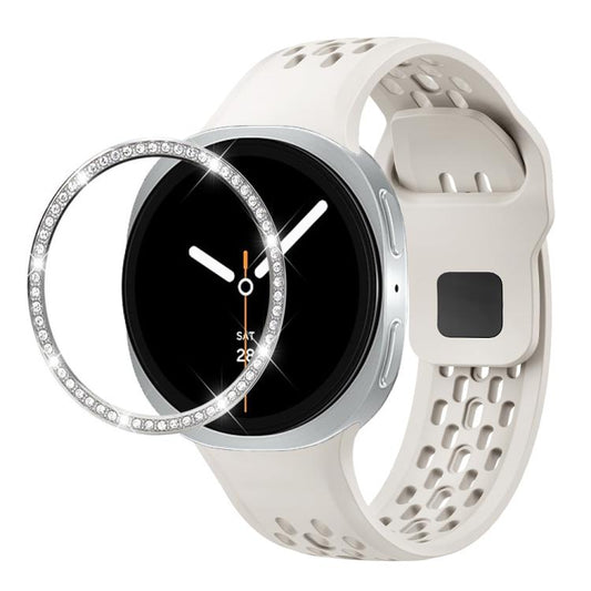 For Samsung Galaxy Watch8 40mm Diamond Bezel and Black Reverse Buckle Silicone Watch Band(Beige Silver) - Watch Bands by buy2fix | Online Shopping UK | buy2fix