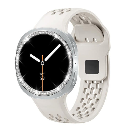 For Samsung Galaxy Watch8 40mm Diamond Bezel and Black Reverse Buckle Silicone Watch Band(Beige Silver) - Watch Bands by buy2fix | Online Shopping UK | buy2fix