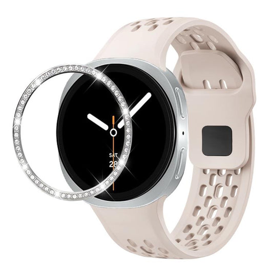 For Samsung Galaxy Watch8 40mm Diamond Bezel and Black Reverse Buckle Silicone Watch Band(Starlight Silver) - Watch Bands by buy2fix | Online Shopping UK | buy2fix