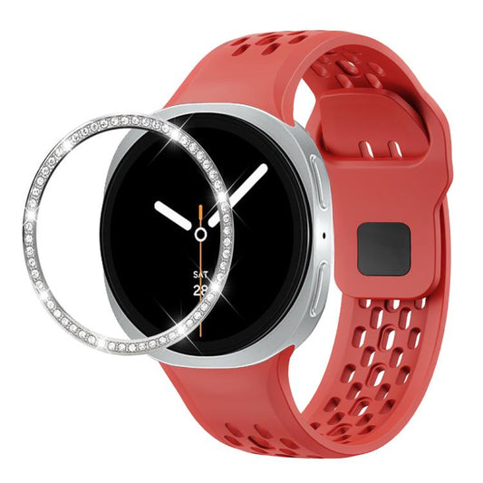 For Samsung Galaxy Watch8 40mm Diamond Bezel and Black Reverse Buckle Silicone Watch Band(Red Silver) - Watch Bands by buy2fix | Online Shopping UK | buy2fix