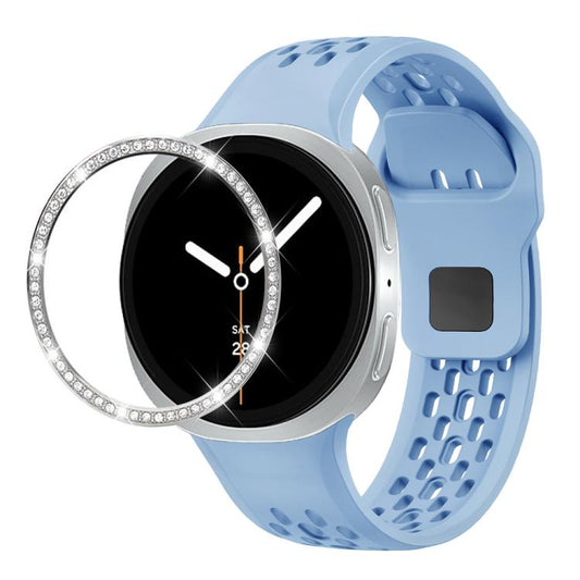 For Samsung Galaxy Watch8 40mm Diamond Bezel and Black Reverse Buckle Silicone Watch Band(Light Blue Silver) - Watch Bands by buy2fix | Online Shopping UK | buy2fix