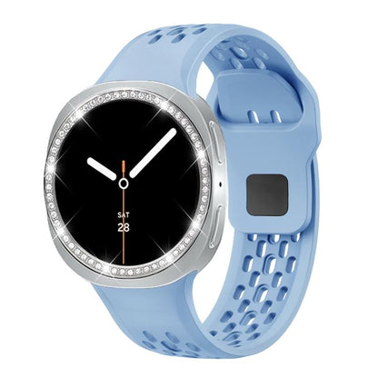 For Samsung Galaxy Watch8 40mm Diamond Bezel and Black Reverse Buckle Silicone Watch Band(Light Blue Silver) - Watch Bands by buy2fix | Online Shopping UK | buy2fix