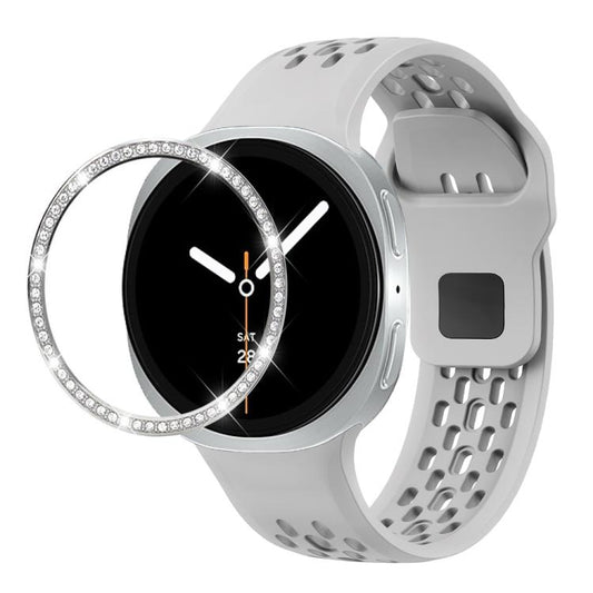 For Samsung Galaxy Watch8 40mm Diamond Bezel and Black Reverse Buckle Silicone Watch Band(Gray Silver) - Watch Bands by buy2fix | Online Shopping UK | buy2fix