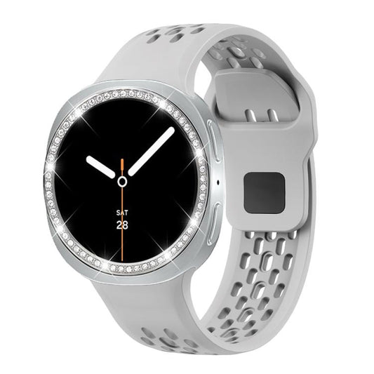 For Samsung Galaxy Watch8 40mm Diamond Bezel and Black Reverse Buckle Silicone Watch Band(Gray Silver) - Watch Bands by buy2fix | Online Shopping UK | buy2fix
