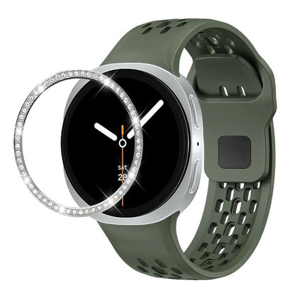 For Samsung Galaxy Watch8 40mm Diamond Bezel and Black Reverse Buckle Silicone Watch Band(Army Green Silver) - Watch Bands by buy2fix | Online Shopping UK | buy2fix