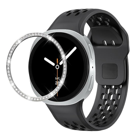 For Samsung Galaxy Watch8 40mm Diamond Bezel and Black Reverse Buckle Silicone Watch Band(Black Silver) - Watch Bands by buy2fix | Online Shopping UK | buy2fix