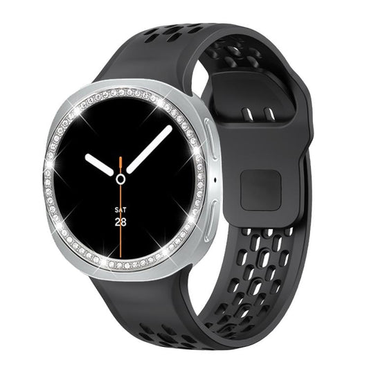 For Samsung Galaxy Watch8 40mm Diamond Bezel and Black Reverse Buckle Silicone Watch Band(Black Silver) - Watch Bands by buy2fix | Online Shopping UK | buy2fix