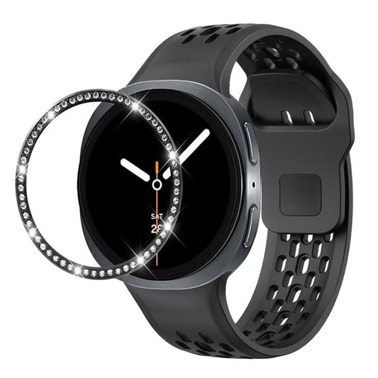 For Samsung Galaxy Watch8 40mm Diamond Bezel and Black Reverse Buckle Silicone Watch Band(Black Black) - Watch Bands by buy2fix | Online Shopping UK | buy2fix