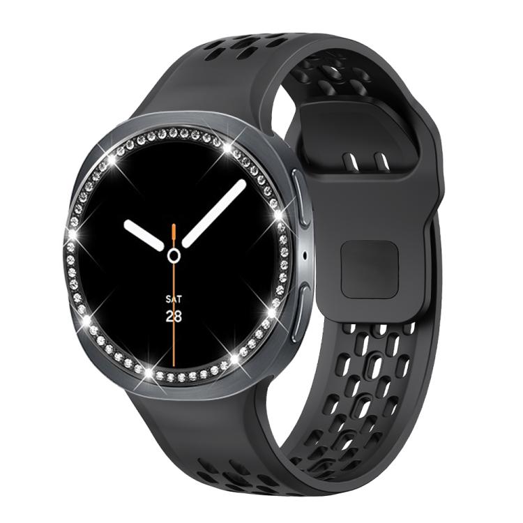 For Samsung Galaxy Watch8 40mm Diamond Bezel and Black Reverse Buckle Silicone Watch Band(Black Black) - Watch Bands by buy2fix | Online Shopping UK | buy2fix