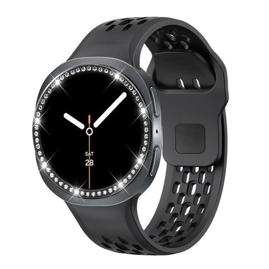 For Samsung Galaxy Watch8 40mm Diamond Bezel and Black Reverse Buckle Silicone Watch Band(Black Black) - Watch Bands by buy2fix | Online Shopping UK | buy2fix
