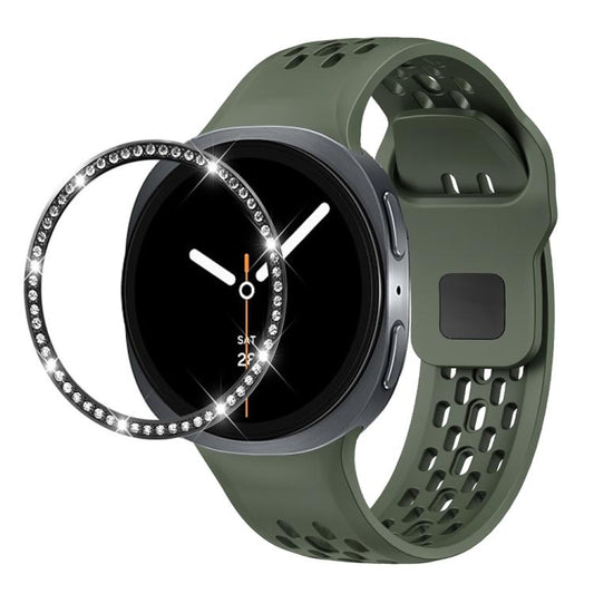 For Samsung Galaxy Watch8 40mm Diamond Bezel and Black Reverse Buckle Silicone Watch Band(Army Green Black) - Watch Bands by buy2fix | Online Shopping UK | buy2fix