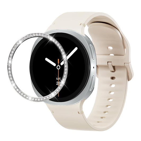 For Samsung Galaxy Watch8 44mm Diamond Bezel and Solid Color Stitched Silicone Watch Band(Starlight Silver) - Watch Bands by buy2fix | Online Shopping UK | buy2fix