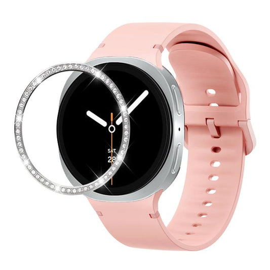 For Samsung Galaxy Watch8 44mm Diamond Bezel and Solid Color Stitched Silicone Watch Band(Pink Silver) - Watch Bands by buy2fix | Online Shopping UK | buy2fix