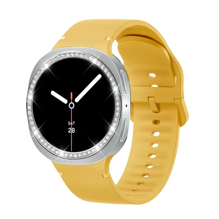 For Samsung Galaxy Watch8 44mm Diamond Bezel and Solid Color Stitched Silicone Watch Band(Official Yellow Silver) - Watch Bands by buy2fix | Online Shopping UK | buy2fix