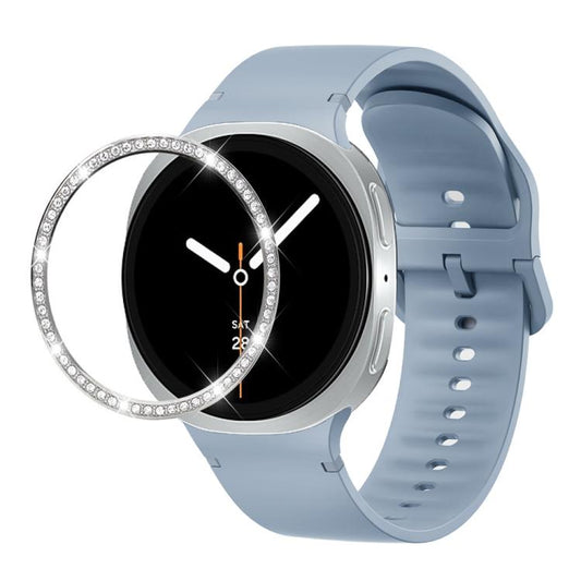 For Samsung Galaxy Watch8 44mm Diamond Bezel and Solid Color Stitched Silicone Watch Band(Jewel Blue Silver) - Watch Bands by buy2fix | Online Shopping UK | buy2fix