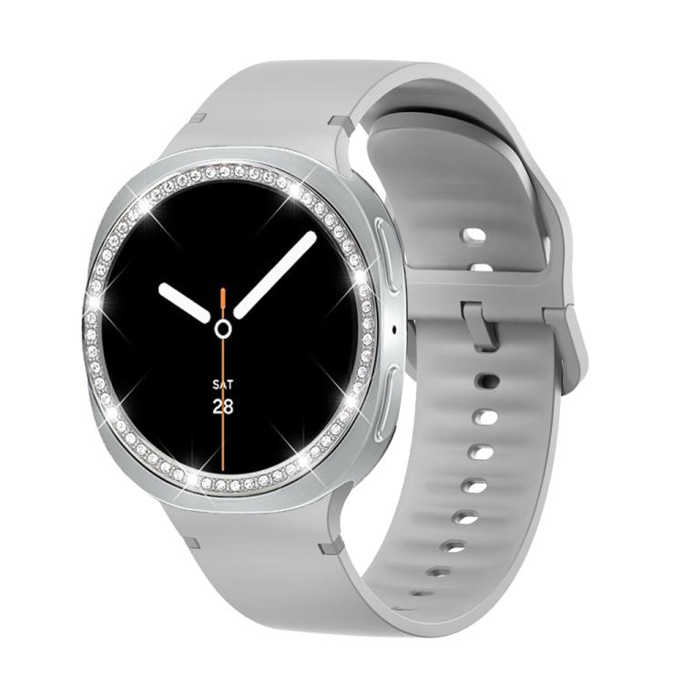 For Samsung Galaxy Watch8 44mm Diamond Bezel and Solid Color Stitched Silicone Watch Band(Gray Silver) - Watch Bands by buy2fix | Online Shopping UK | buy2fix