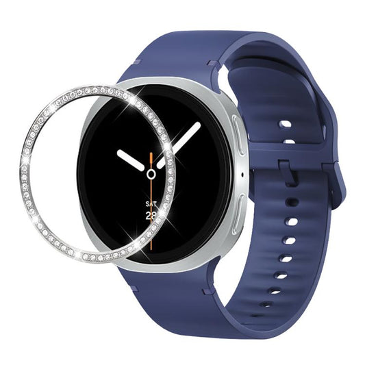 For Samsung Galaxy Watch8 44mm Diamond Bezel and Solid Color Stitched Silicone Watch Band(Midnight Blue Silver) - Watch Bands by buy2fix | Online Shopping UK | buy2fix