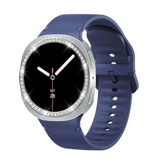 For Samsung Galaxy Watch8 44mm Diamond Bezel and Solid Color Stitched Silicone Watch Band(Midnight Blue Silver) - Watch Bands by buy2fix | Online Shopping UK | buy2fix