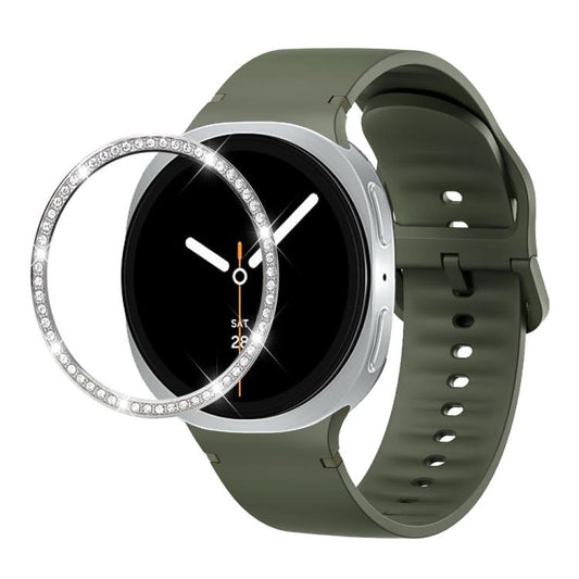 For Samsung Galaxy Watch8 44mm Diamond Bezel and Solid Color Stitched Silicone Watch Band(Army Green Silver) - Watch Bands by buy2fix | Online Shopping UK | buy2fix