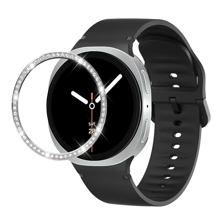 For Samsung Galaxy Watch8 44mm Diamond Bezel and Solid Color Stitched Silicone Watch Band(Black Silver) - Watch Bands by buy2fix | Online Shopping UK | buy2fix