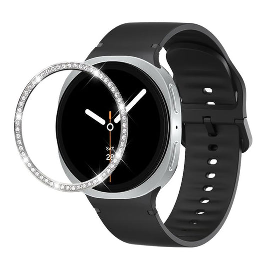 For Samsung Galaxy Watch8 44mm Diamond Bezel and Solid Color Stitched Silicone Watch Band(Black Silver) - Watch Bands by buy2fix | Online Shopping UK | buy2fix