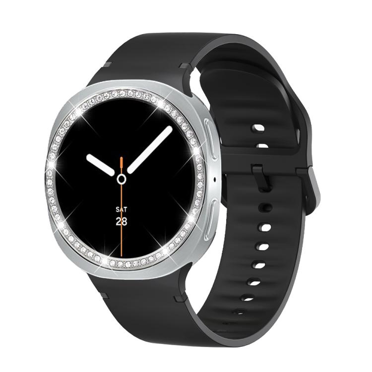 For Samsung Galaxy Watch8 44mm Diamond Bezel and Solid Color Stitched Silicone Watch Band(Black Silver) - Watch Bands by buy2fix | Online Shopping UK | buy2fix