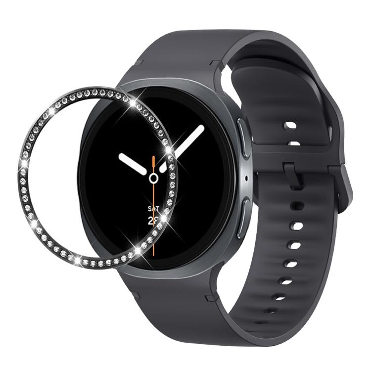 For Samsung Galaxy Watch8 44mm Diamond Bezel and Solid Color Stitched Silicone Watch Band(Dark Gray Black) - Watch Bands by buy2fix | Online Shopping UK | buy2fix